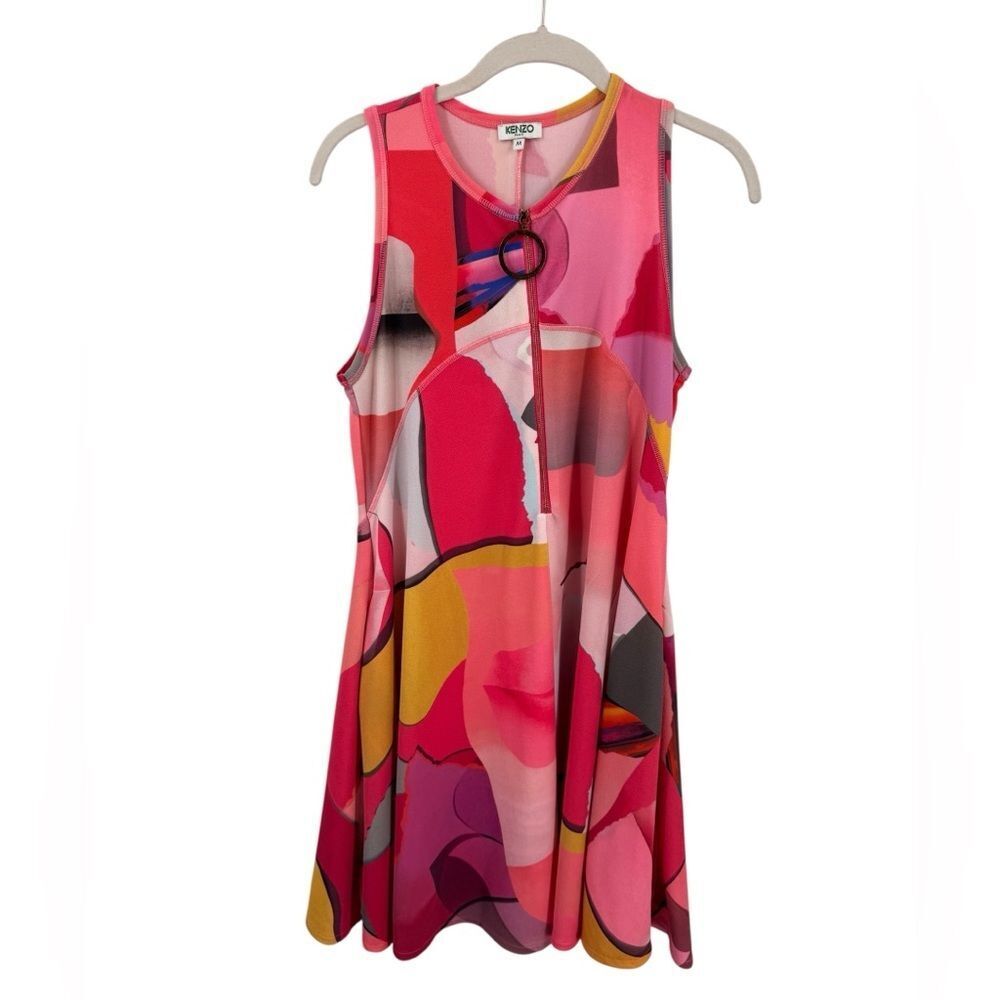 🧵KENZO Paris Womens Sporty Chic Abstract Pink Zip Front Dress Size Medium